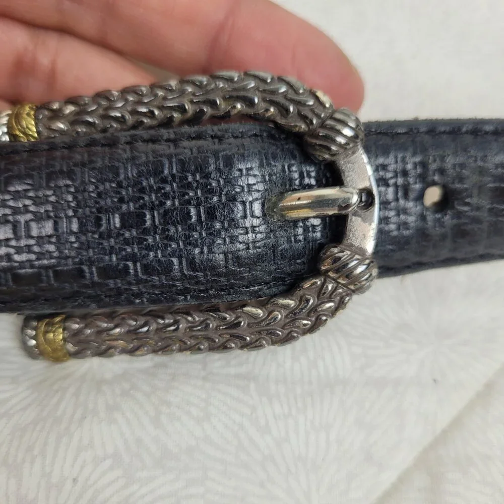 Brighton black textured leather belt mixed metal hardware classic office edgy L